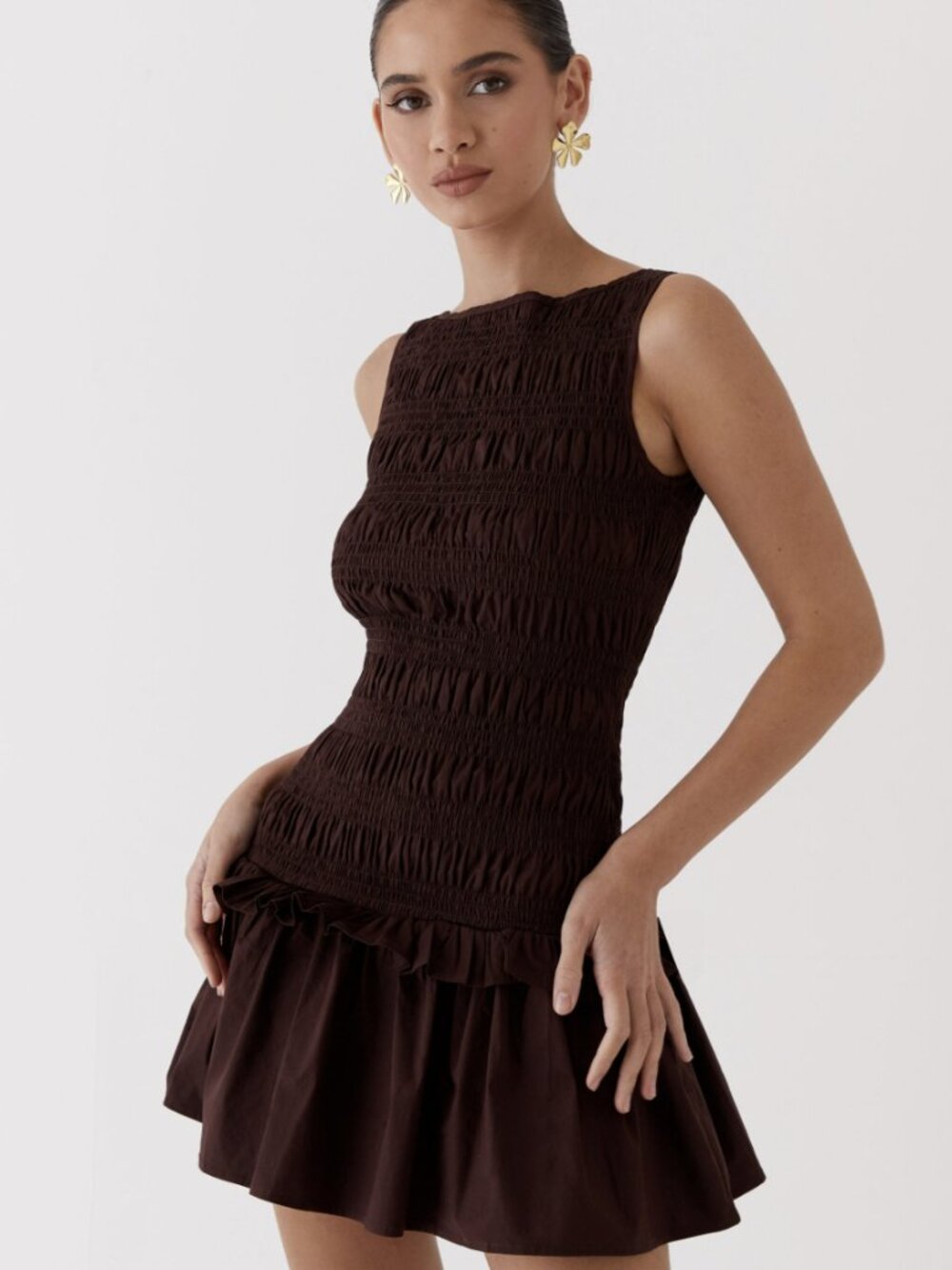 Garden Kisses Shirred Mini Dress - Chocolate - US 4 Peppermayo